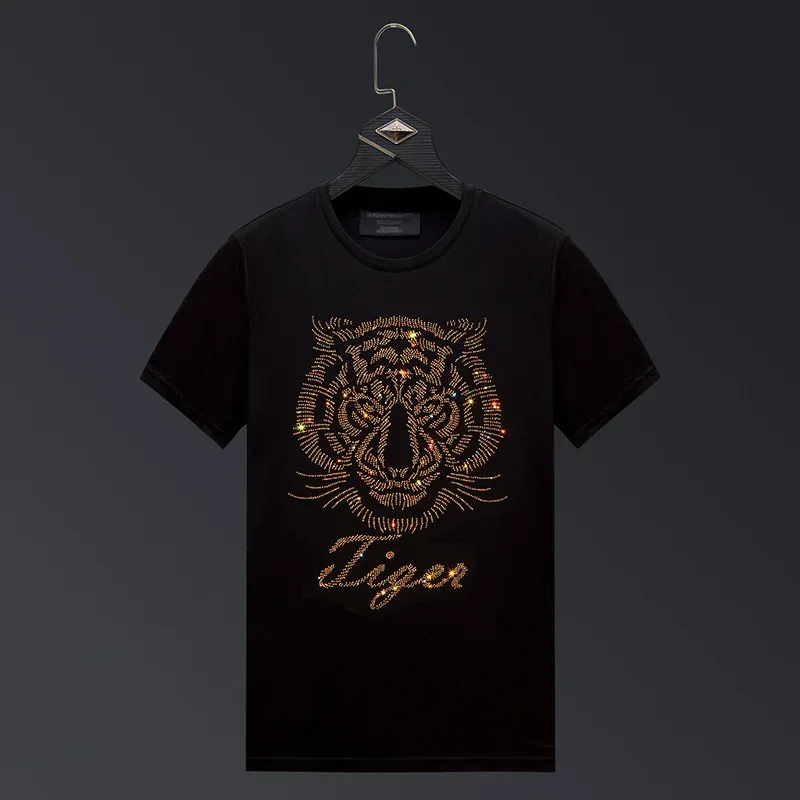

2025 Tiger Rhinestones T Shirts Men Brand Fashion Top Streetwear O Neck Short Sleeve Slim Modal Cotton Tshirts Man Plus Size 6XL