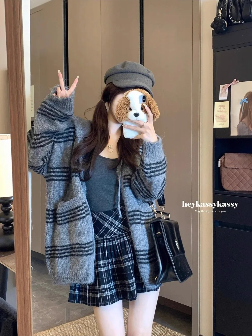 Simple Office Lady Loose Mid-length Cardigan Korea Winter Lazy Panelled Stripe Jumper Casual Knit Hoody Drawstring Mujer