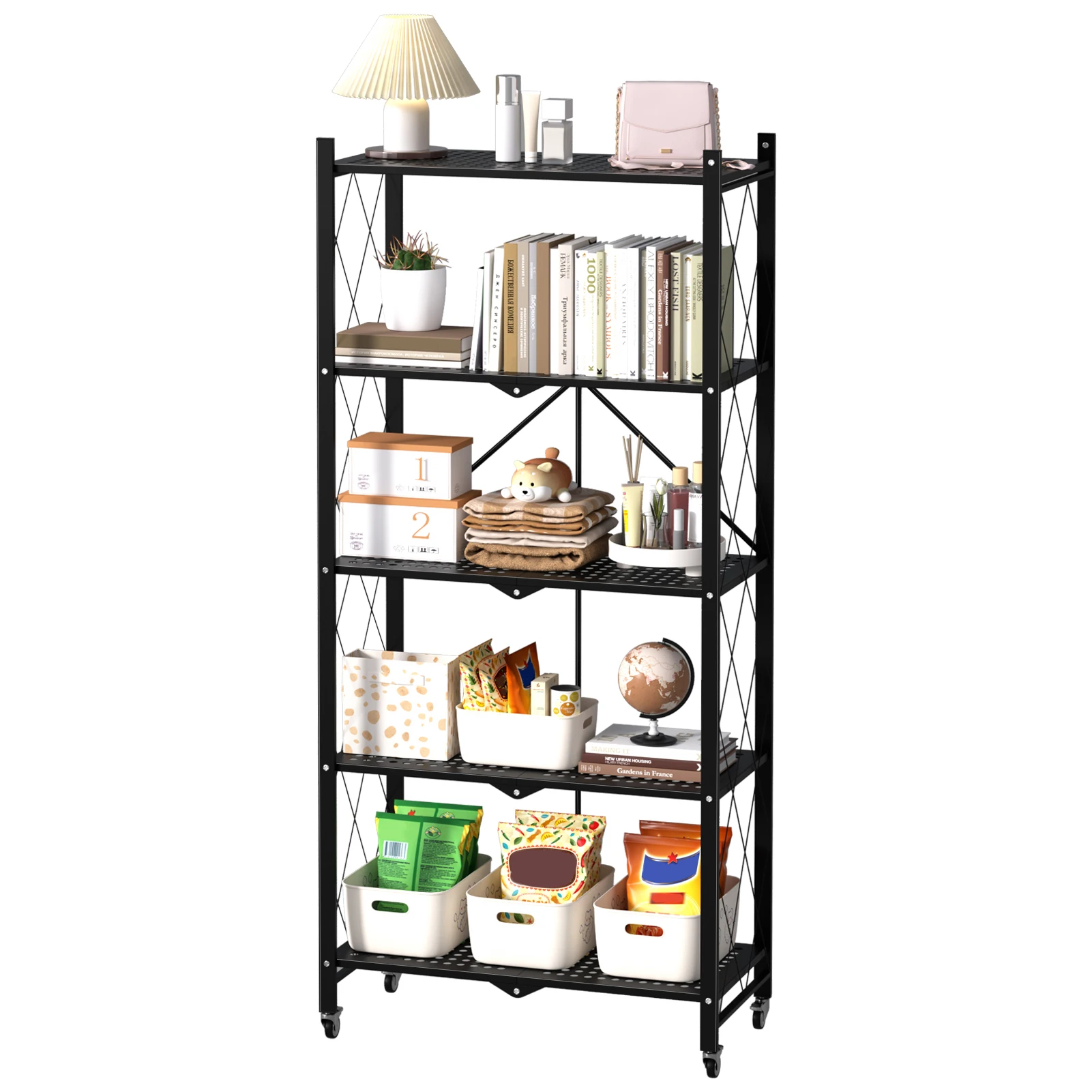 5 Tiers Tools Storage Foldable Partition Lightweight Convenient Kitchen Cabinet Storage Rack Mobile Storage Shelves for Garage