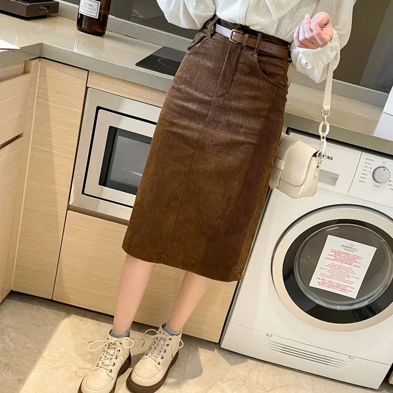 Office Lady Vintage Autumn Winter Corduroy Midi Skirt Woman Spring Fashion Casual Korean Fashion Clothing Female Cheap Wholesale