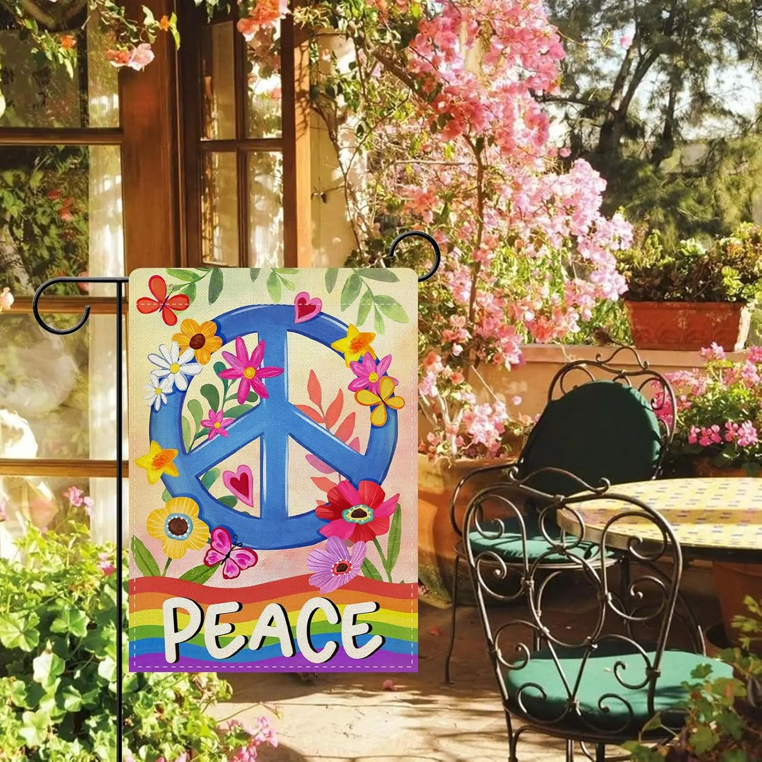 Dyrenson World Peace Decorative Garden Flag, Rainbow Flower Floral Butterfly Yard Outside Home Decorations, Pride Month Burl KKW