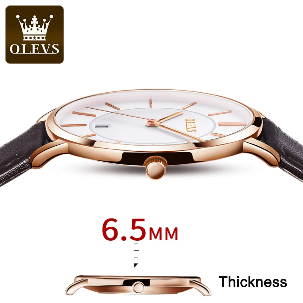 New OLEVS Quartz Watch For Men Ultra Thin 6.5mm Minimalist Waterproof Date Bussiness Watch Fashion Leather Strap Men's Watch