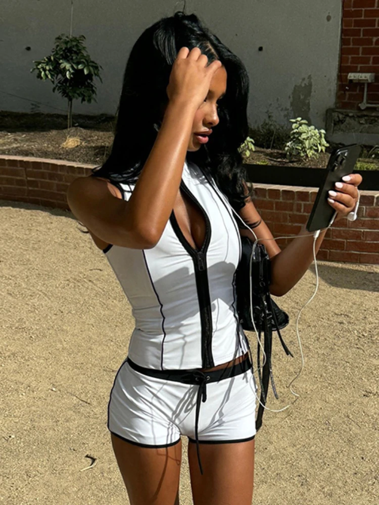 

Nibber Casual 2 Piece Set Woman Contrast Patchwork Summer Trend Zip Cardigan Tank Top+Drawstring Short Daily Sporty Style Suits