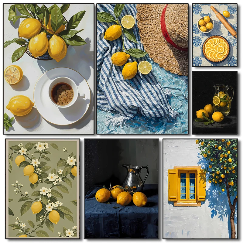 Painting Poster, Timeless Lemons Canvas Prints, Fruit Wall Art Picture, Nordic Aesthetic Decor for Home Kitchen Living Room