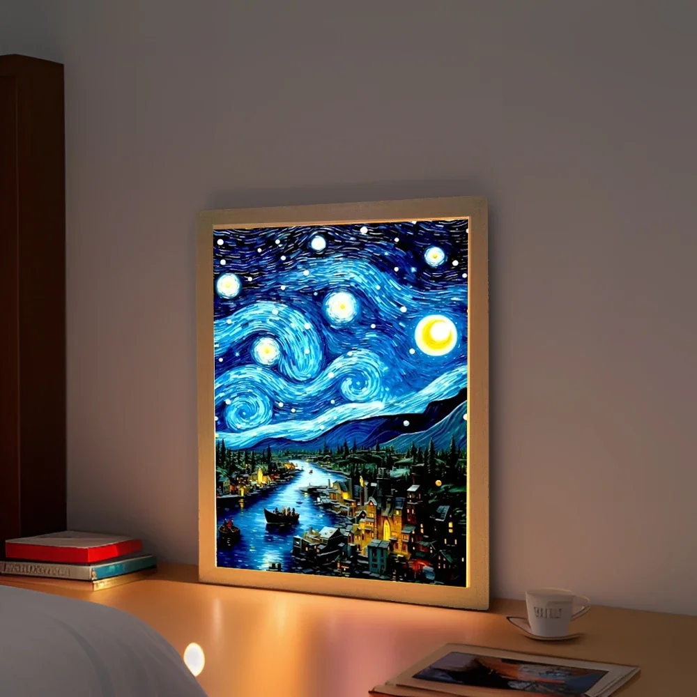 Van gogh luz pintura quadro de imagem led night light lua lâmpada céu estrelado arte da parede oficina quarto casa decoração amigo presentes