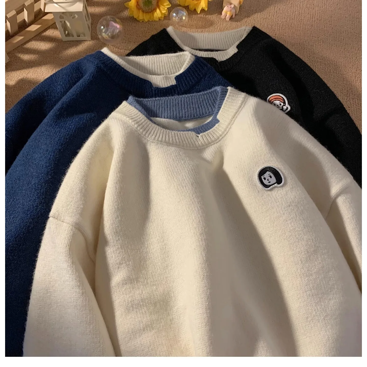 

Мужской утепленный вязаный свитер большого размера с круглым вырезом, повседневный, из полиэфирного волокна, зимний, модный, свободного кроя, имитация двухслойности