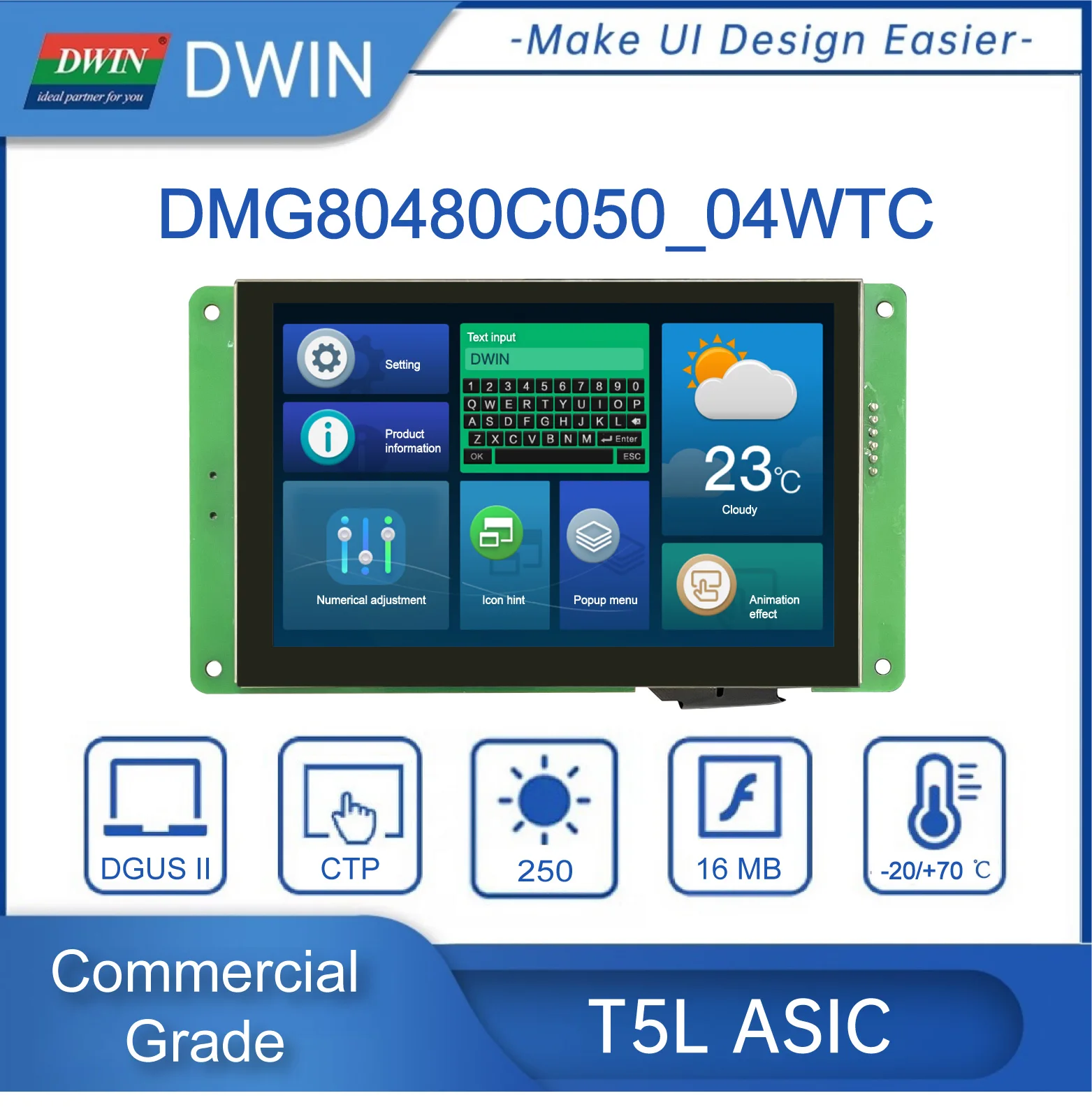 DWIN 5 inch 800x480 TFT LCD Display HMI Touch Screen low price cost -effective DMG80480C050-04WTC