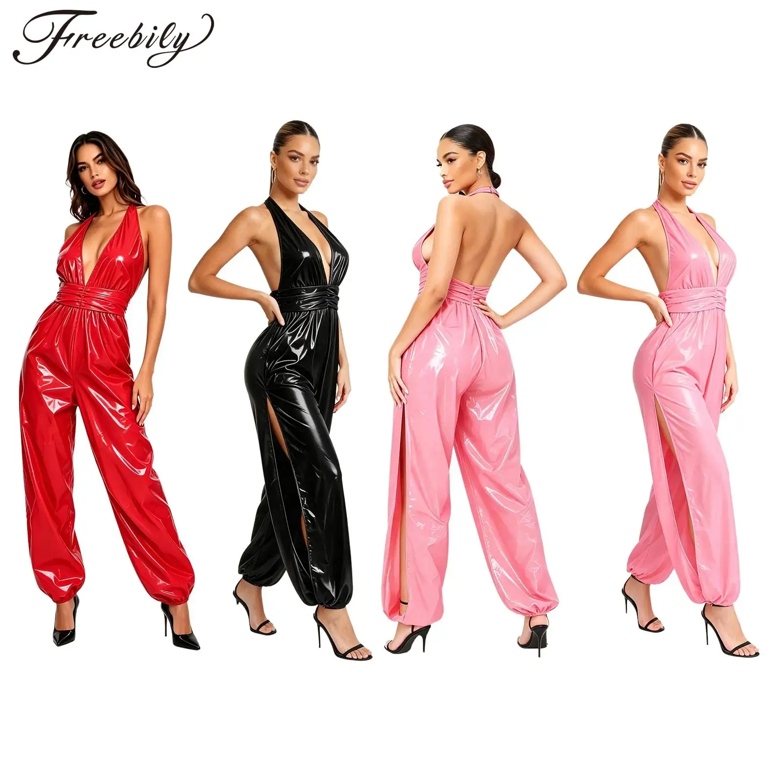 Women Water Resistant Jumpsuit Halter Backless Ruched Waist Zipper Side Split Bodysuit Club Pole Dance Carnival Party Rompers
