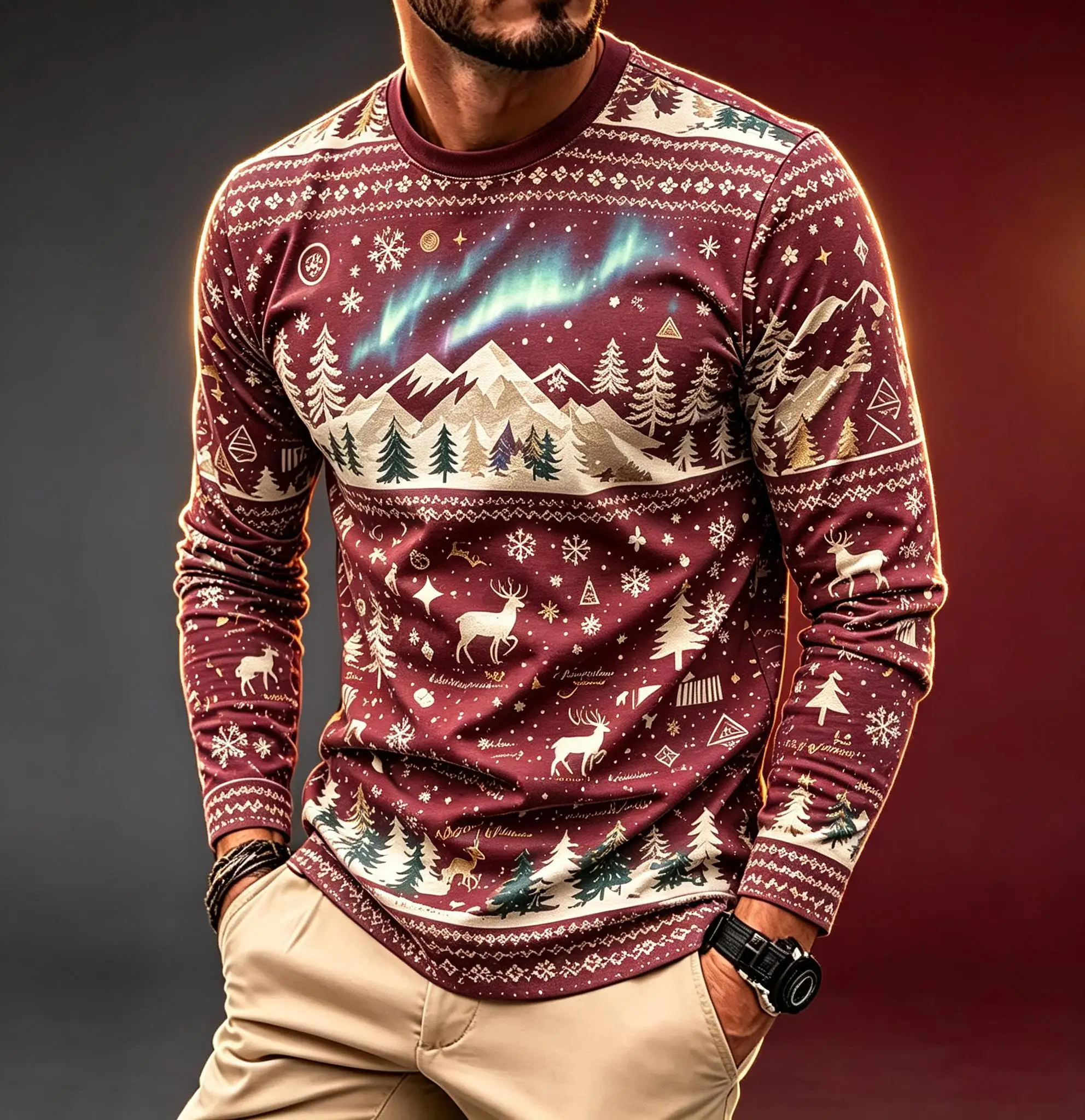 Men Winter Holiday Long Sleeve Tee, Nordic Snow Mountain Reindeer Aurora Fair Isle Allover Print Casual Shirt