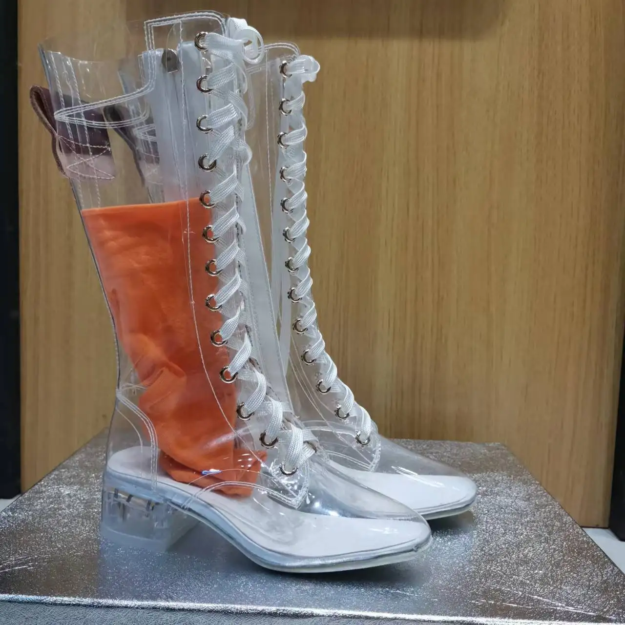 Clear PVC Transparent Lace -Up Knee Boots 3 CM Crystal Chunky Heels Short Booties Shoes Woman Lucency Stage Performance Boots