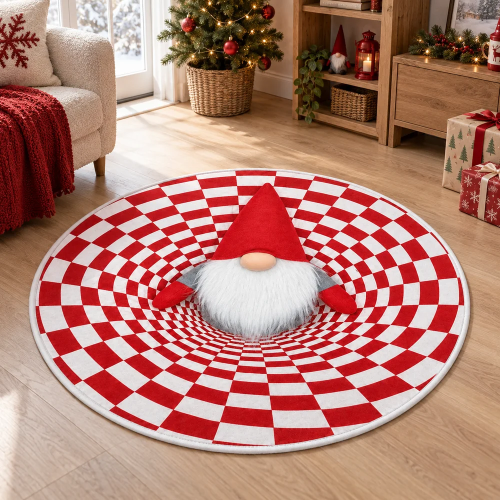 Red White Checker Optical Illusion Christmas Gnome Area Rug, 3D Floor Mat For Entryway, Living Room, Bedroom Holiday Decor