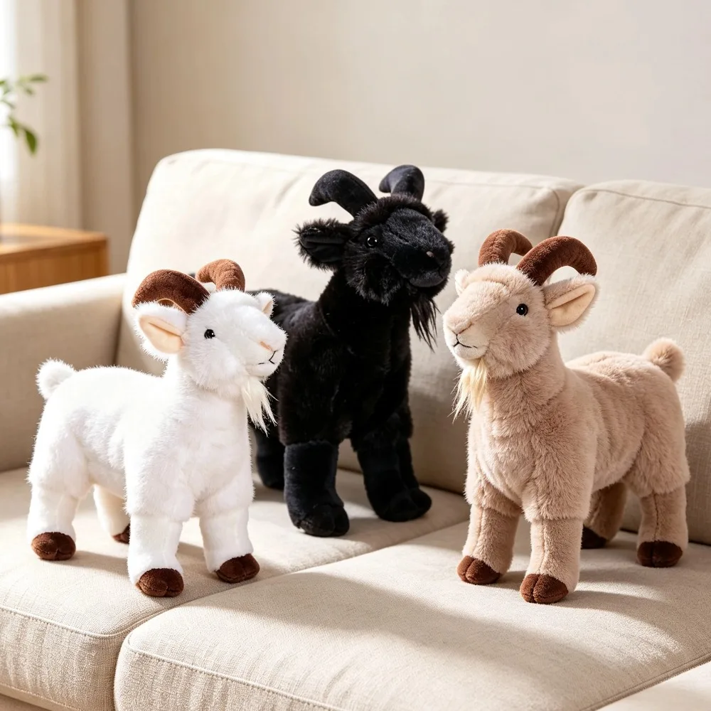 Realistic Plush Goat Doll Soft Fluffy Farm Animal Plush Doll Cute Goat Figurine Simulation Horned Sheep Doll Home Decor Gifts
