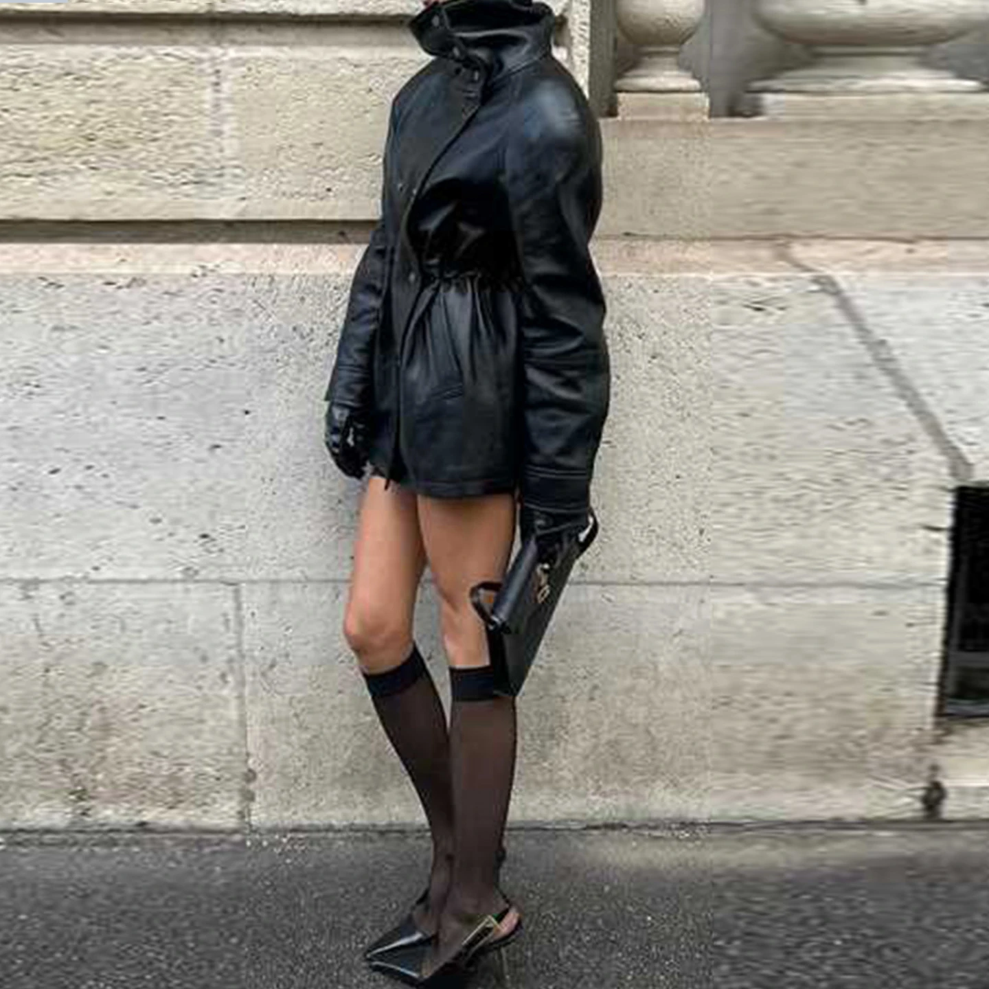 معطف نسائي من Faionable بلون نقي طويل من الجلد Sve للخريف بتصميم جديد Sle مع سحاب للإغلاق معطف متوسط الطول #3