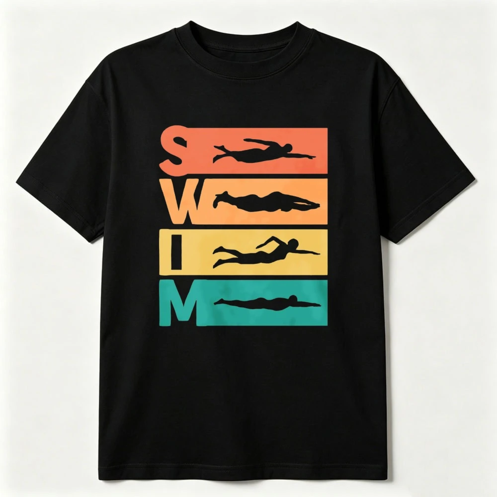 Camiseta gráfica retro SWIM Four con bloques de color y silueta, unisex, de algodón suave, para nadadores competitivos y aficionados, ropa informal.