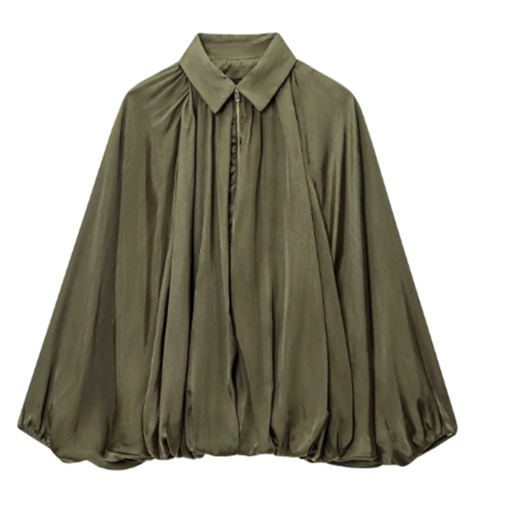 Loose Fitting Olive Green Jacket Women Stylish Wide Sleeves Pleated Front Lightweight Womens Jackets Casual Outerwear