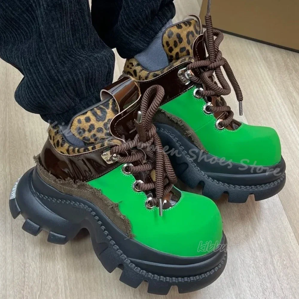 

Leopard Patchwork Sneaker Lace-Up Luxury Leather Mixed Color Fashion Novelty Sexy Concise Shoes Round Toe Height Increasing New