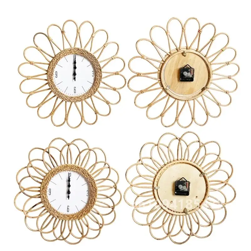 Rattan Handwoven Frame Wall Clock DIY Simple Design Wall Hanging Watch for Home Bedroom Living Room Dormitory Decoration