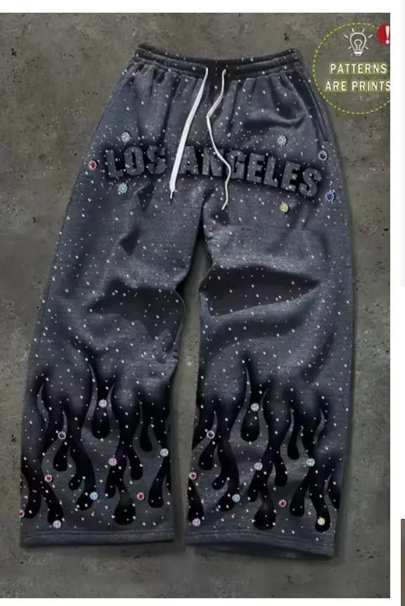 Y2K Hip-Hop Gerade Freizeithose Unisex Sommer Weite Hose mit Flammen-Stern-Buchstaben-Grafik Elastische Street-Sweatpants – Detail 6
