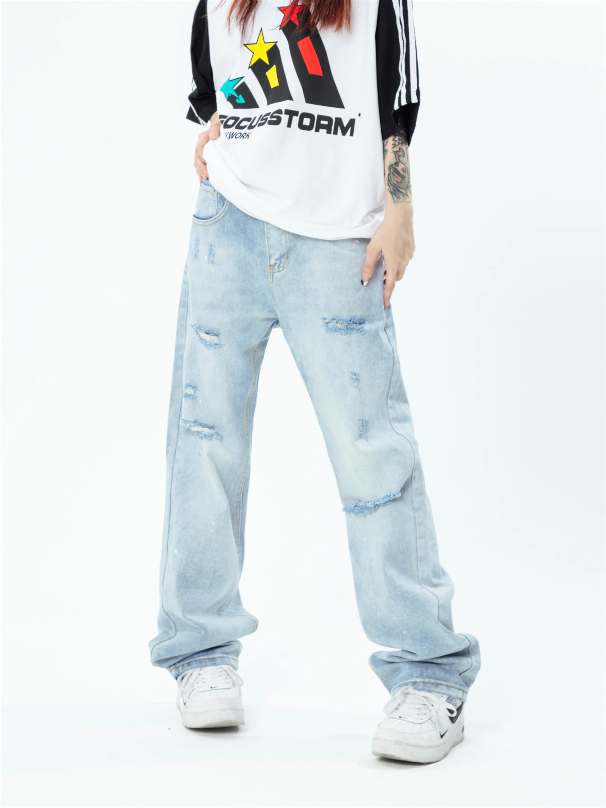 

Washed Denim Jeans High Street American Style Women's Summer Vintage Loose Casual Long Pants Couple's Hole Punching Jeans