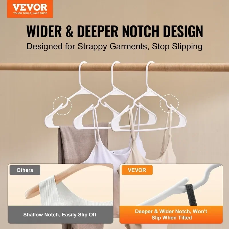 

VEVOR, 50 упаковок, ультратонкие белые пластиковые вешалки толщиной 0,2 дюйма, нескользящие, компактные с насечкой для футболок, рубашек, брюк