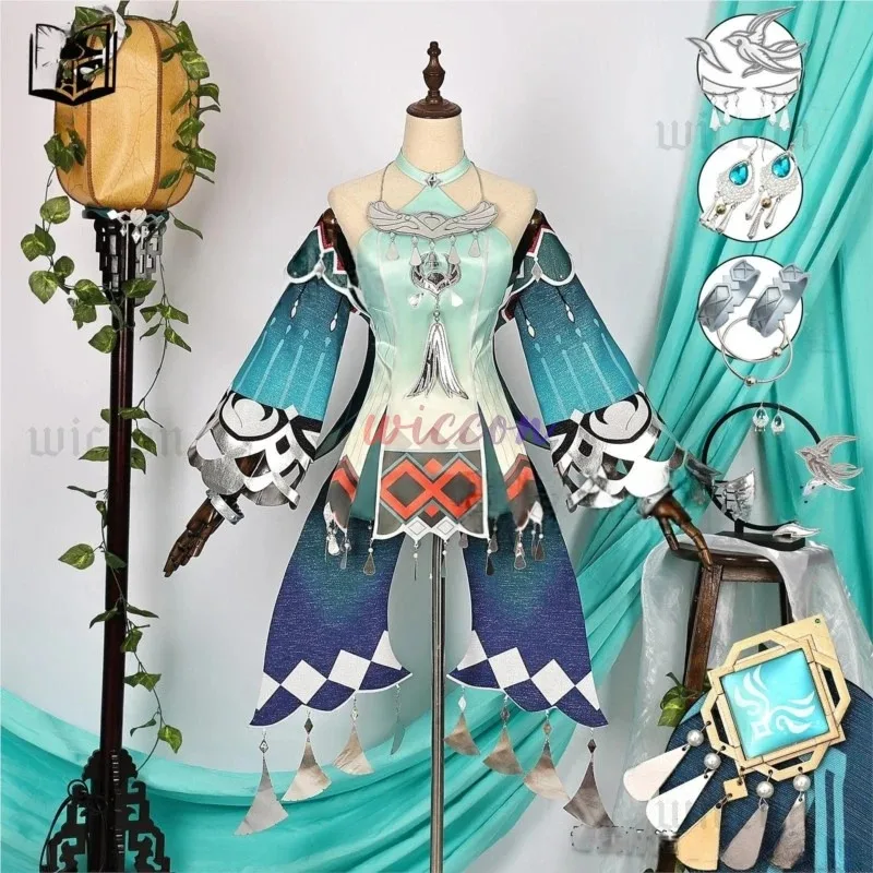 جينشين إمباكت لان يان أزياء تنكرية فستان شعر مستعار أغطية الرأس أقراط Liyue الربيع المنسوجة من اليشم حفلة الهالوين للنساء XZG5HK