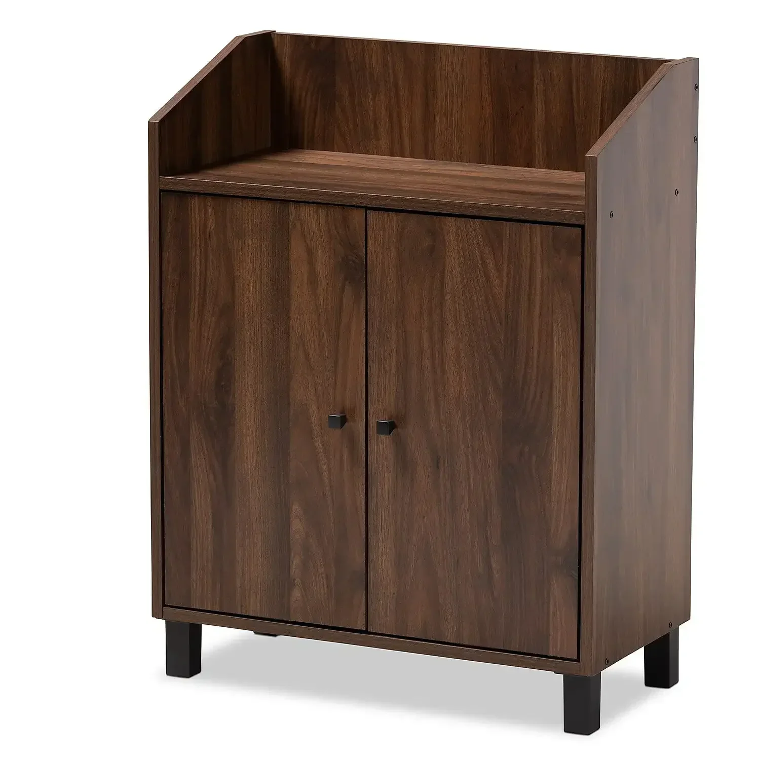 Contemporary Walnut Brown Finished 2-Door Wood Entryway Shoe Storage Cabinet with Open Shelf