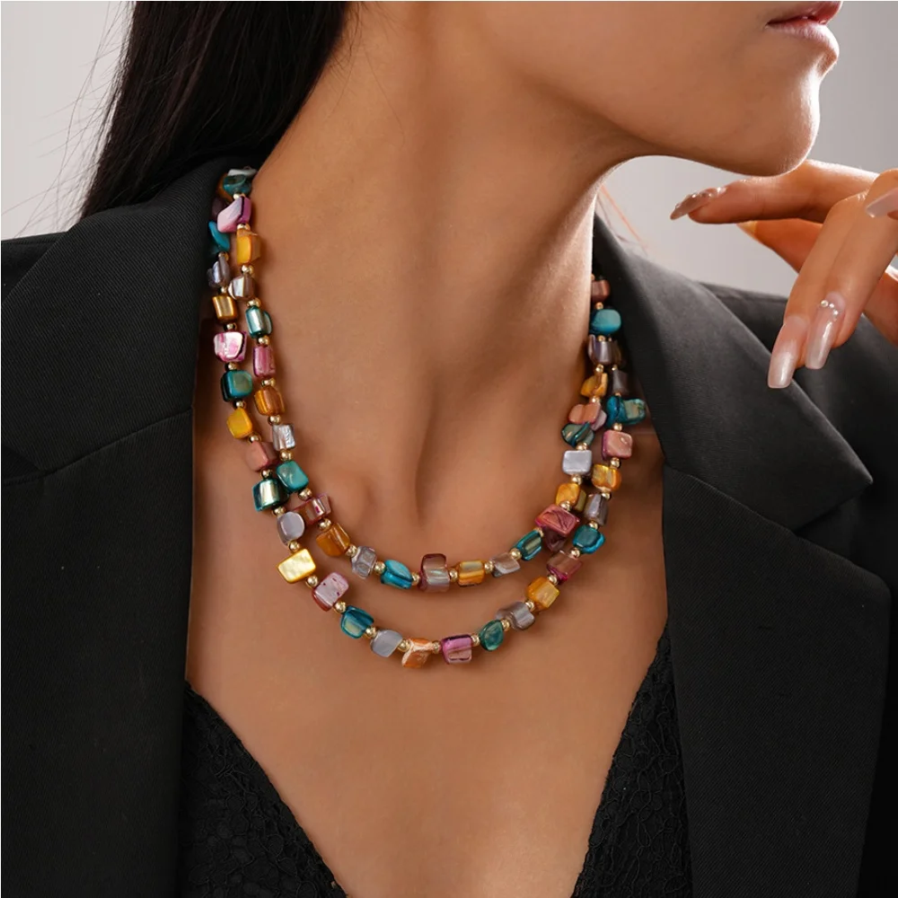 Bohemian Irregular Double Layer Imitation Shell Beads Necklace For Women Retro Mixed Color Choker Fashion Party Jewelry Accessor