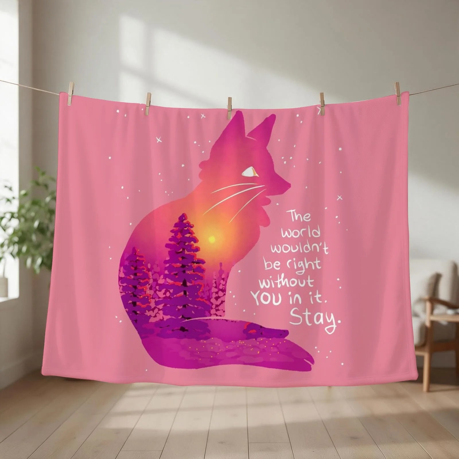 The World Wouldn't Be Right Without You Snowy Sunset Fox Throw Blanket couch cozy soft plush fuzzy picnic outdoor blanket