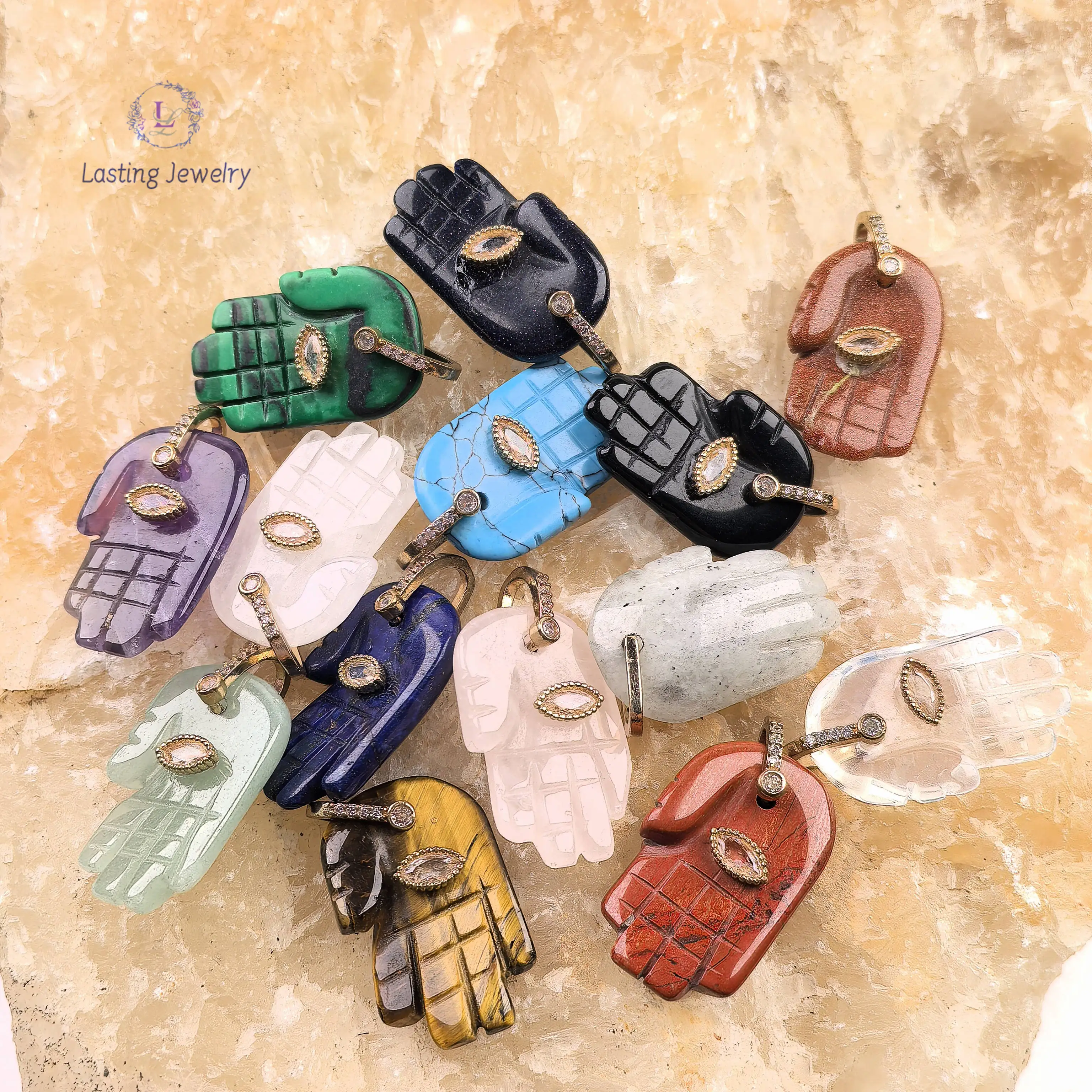Carved Crystal Quartz Palm Pendants With Inlaid Eye Zircon Healing Gemstone Malachite Hand Charms DIY Necklace Jewelry Making