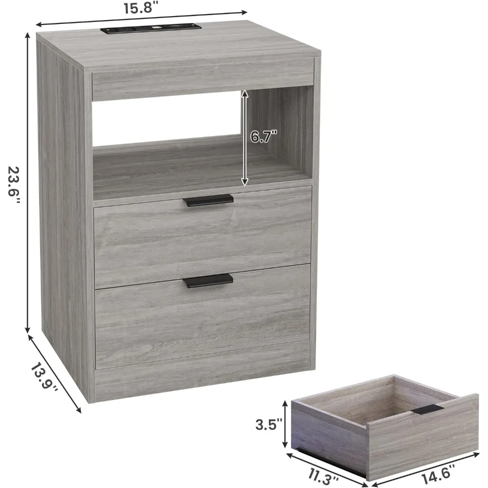 Mesa de cabeceira LED de carregamento sem fio - Mesa de cabeceira cinza com 2 gavetas e armazenamento aberto para decoração moderna de casa