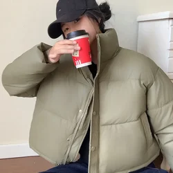 Women Parkas Long Sleeve Stand Collar Solid Casual Button Pockets Zipper Short Parka High Street Outerwear Winter Warm