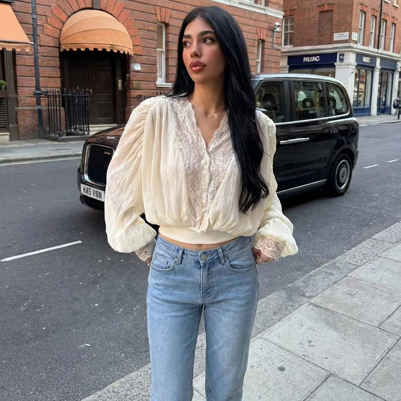 Women Lace Top V‑Neck Puff Long Sleeve Crinkled Texture Button Front Cropped Hem Blouse Y2K Fashion Romantic Daily Ladies Shirt