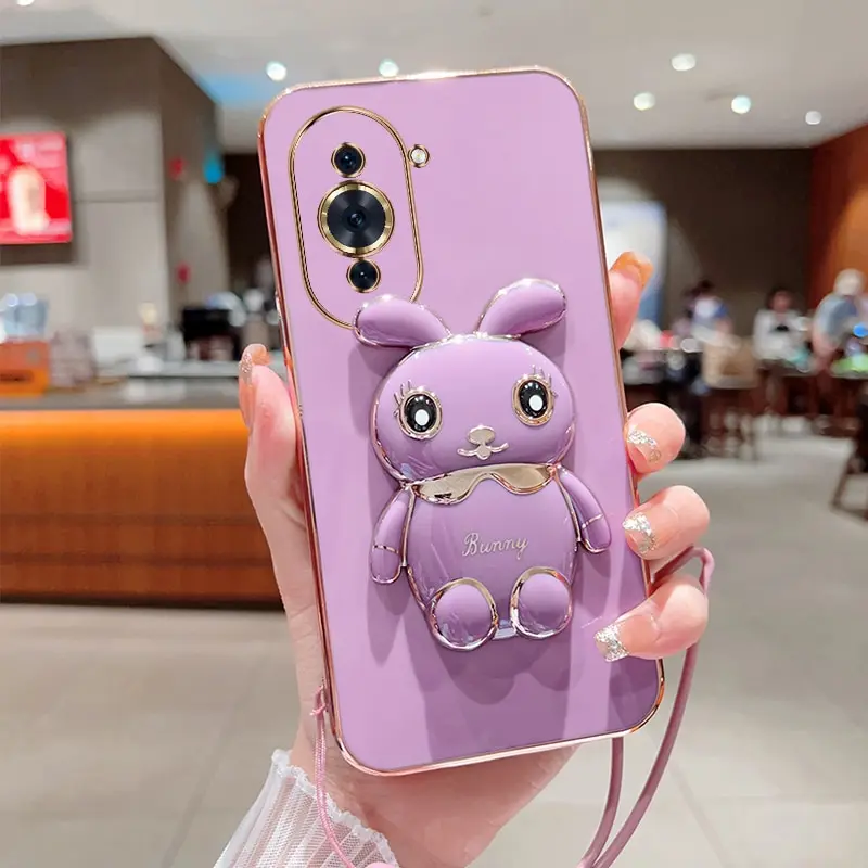 Phone Case For Huawei Nova 10 4G Luxury Plating Square Rabbit Holder With Landyard Phone Case Cover