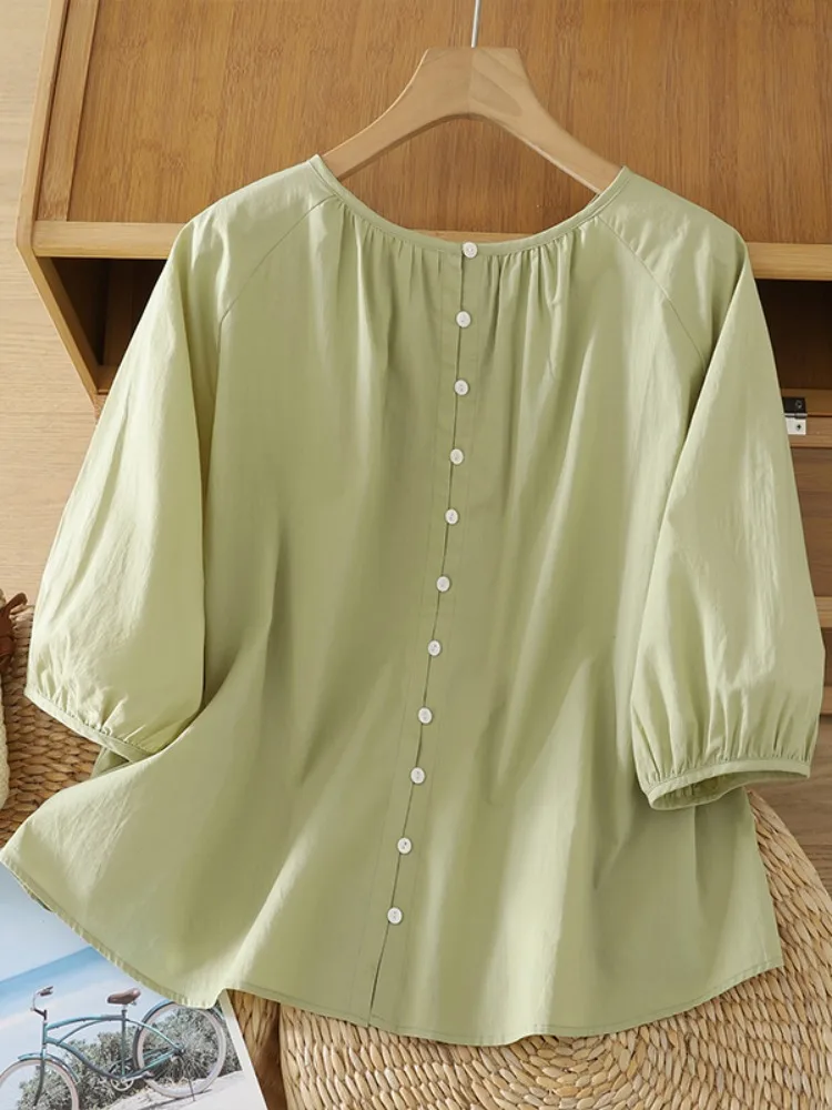 

Японский Sle Artistic Pure Color Cotton Bubble Sve irt Женский летний антивозрастной тонкий круглый легкий маленький топ