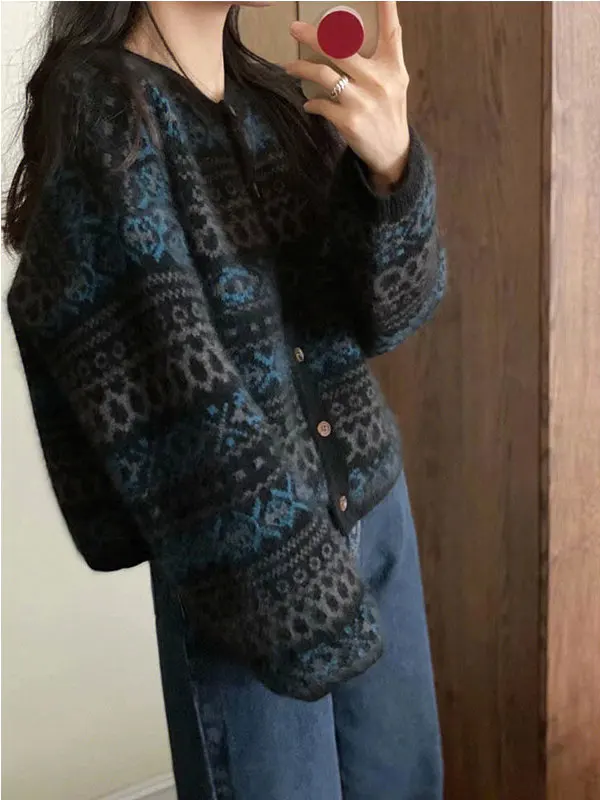 Chic Knitted Cardigan Sweater Women's Autumn Winter Fashion Hong Kong Style Knitwear Soft Long Sleeve round Neck Warm Outerwear