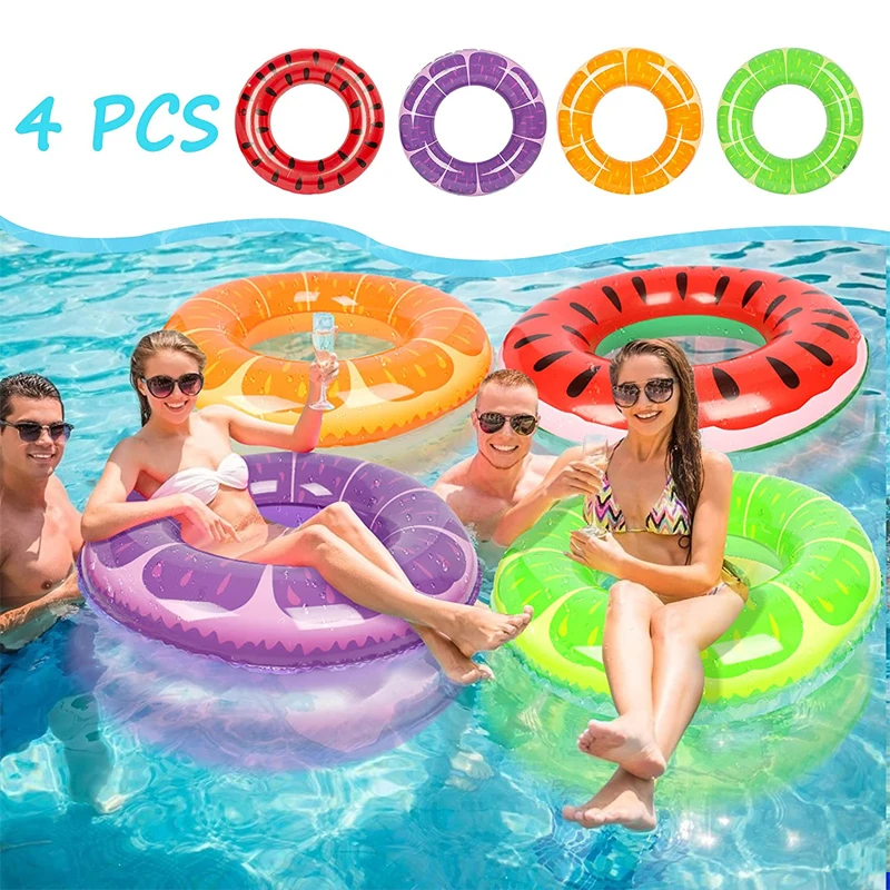 4PCS Fruit Swimming Ring Watermelon Orange Lemon Pool Floats Inflatable Tubes Fun Water Toys for Kids Adults Beach Outdoor Fun