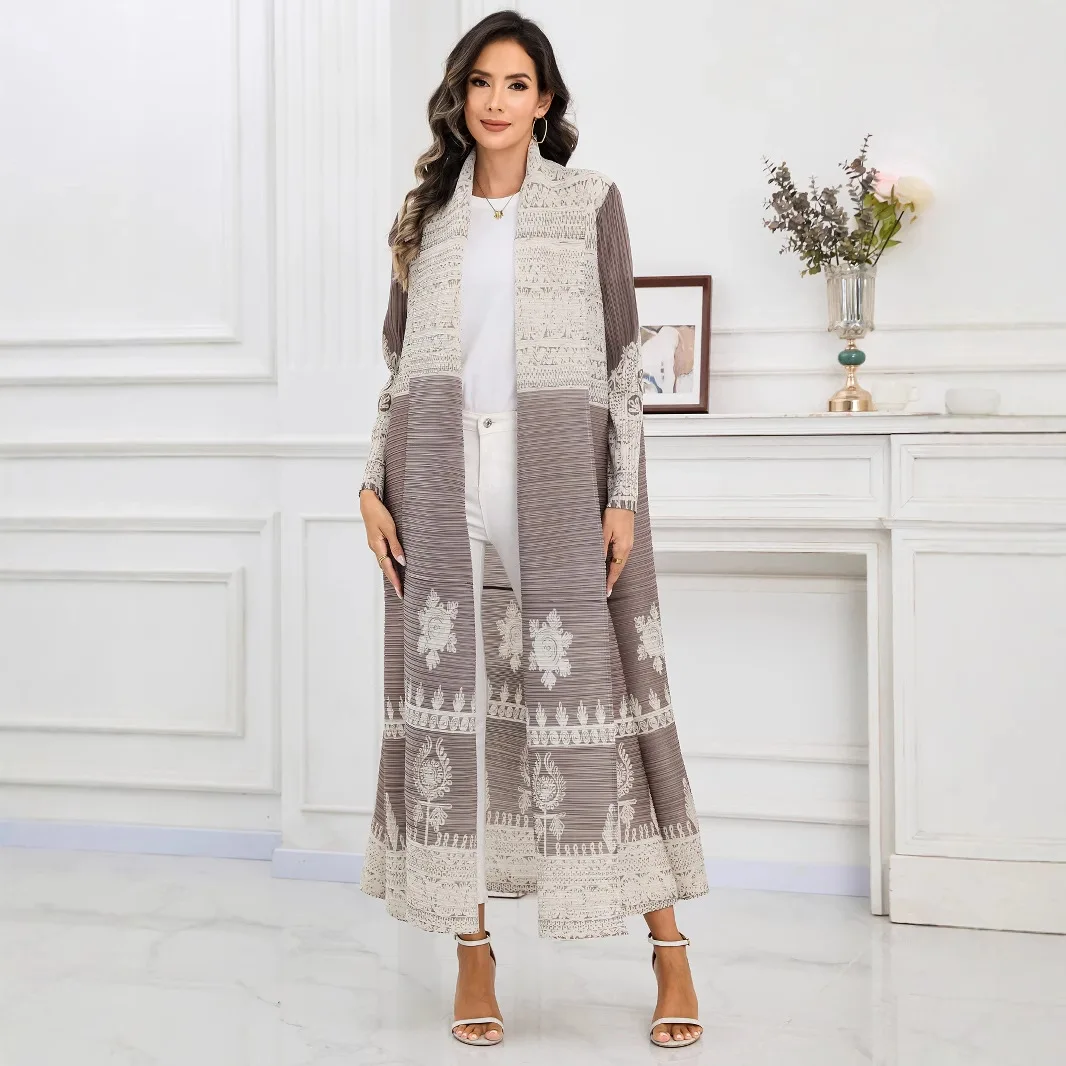 Miyake plissado trench coat plisse feminino verão miyake dobrar manga longa plus size jaqueta plissado impressão abaya solto plissados