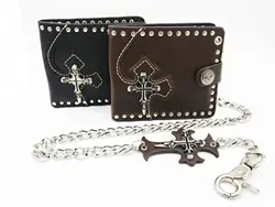 New Gothic Skull Cross Biker Punk Card Holder Mens Leather Wallet With Pants Chain Cosplay Coin Purse Birthday Gifts
