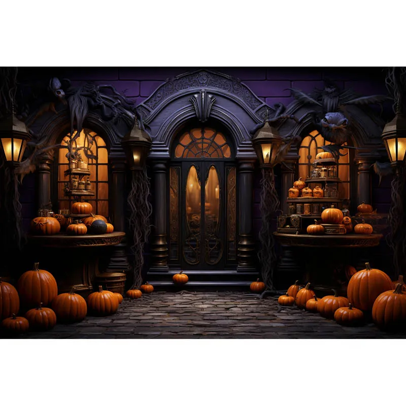 هالوين خلفية التصوير الفوتوغرافي ، ليلة مخيفة ، اكتمال القمر والقلعة القديمة ، خلفية الديكور ، لوازم الحفلات المنزلية ، اليقطين والمنزل