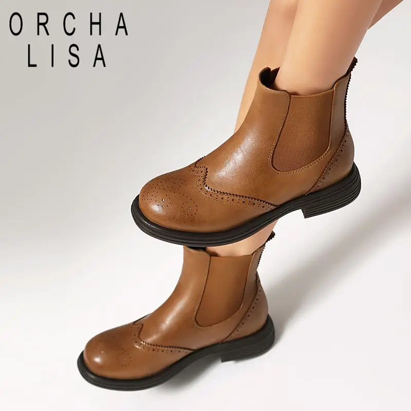 ORCHA LISA Hot Women Ankle Boots Round Toe 3cm Thick Sole Slip On Plus Size 42 43 41 44 45 46 Handmade Chelsea Bota Shoes Fall