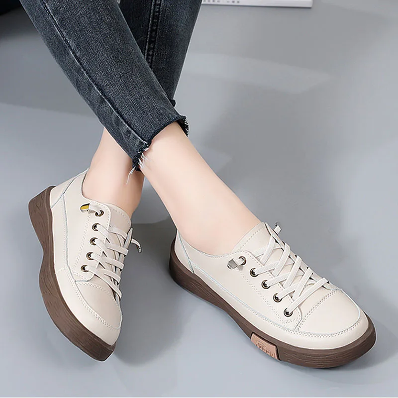 Spring Autumn Women's Shoes Elastic Bands Slip on Casual Shoes Breathable Leather Flat Sneakers Female Platform Skateboard Shoes