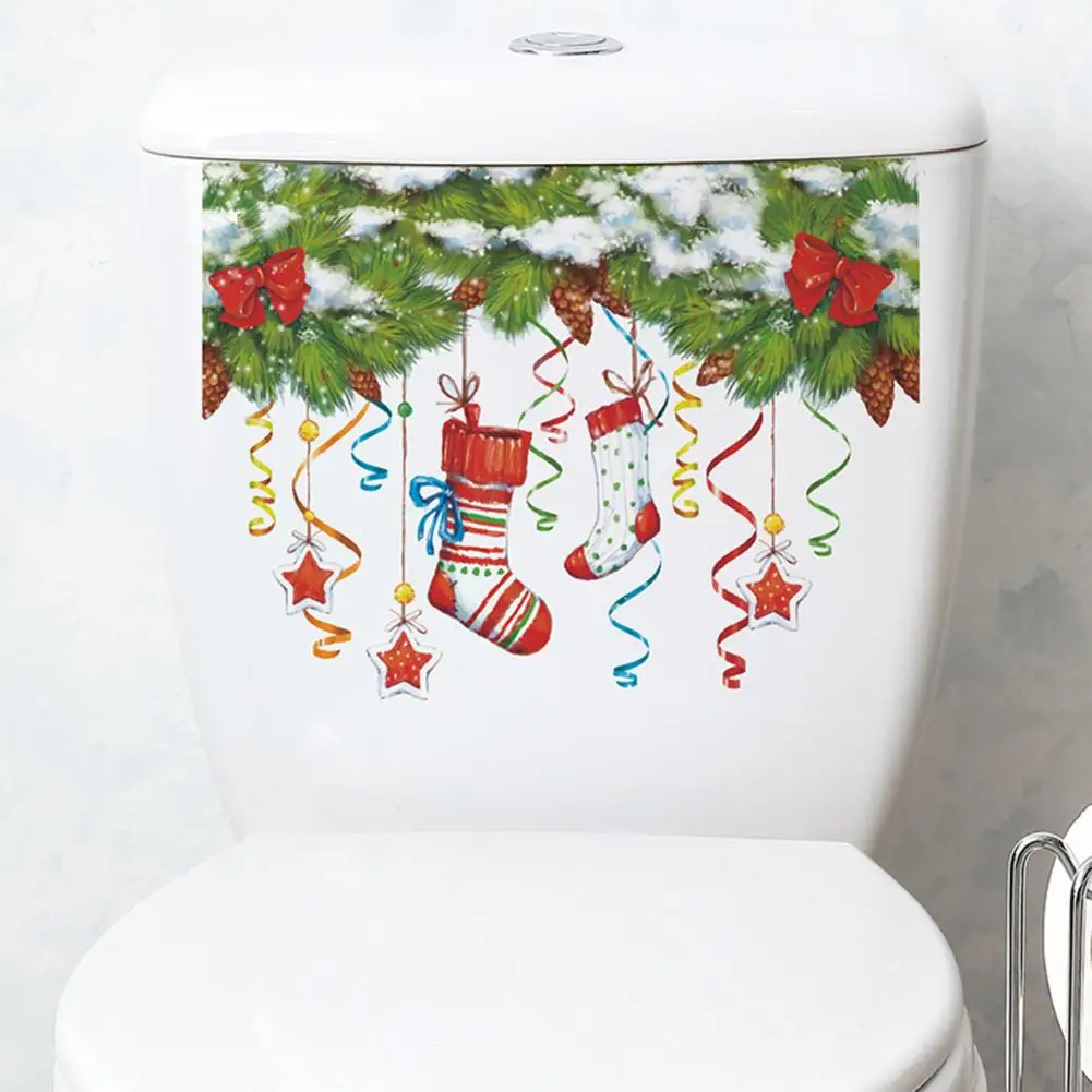 Toilet Decals with No Residue Vibrant Color Toilet Decals Festive Christmas Toilet Stickers Green Leaves Pinecone for Bathroom