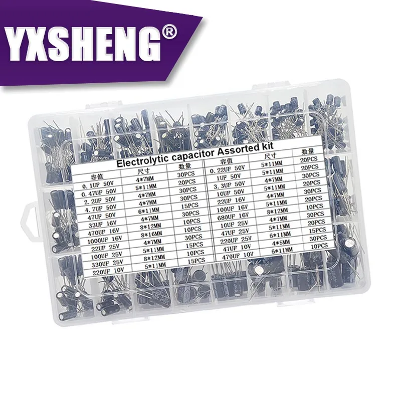 

500 шт./компл., 24 значения, 0,1 мкФ-1000 мкФ, алюминиевые электролитические конденсаторы, 10-50 В, смешанные электролитические конденсаторы, ассорти, наборы коробок