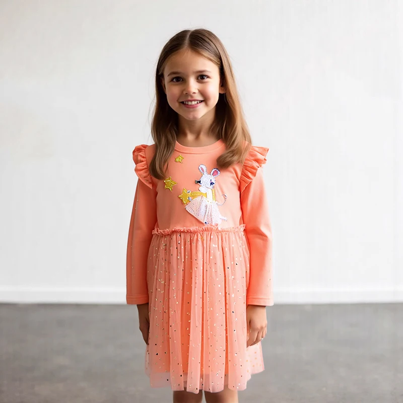 

Little maven Children Elegant Dress Autumn Spring Animal Mouse Appliques Girls Party Dress for Kids Princess Dress