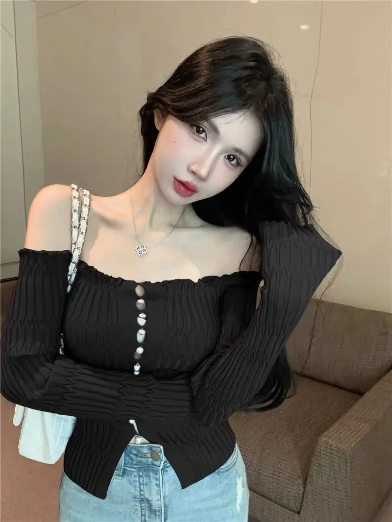 

Элегантный минималистичный вязаный топ с открытыми плечами и длинными рукавами, женский модный свитер Pure Desire для похудения, укороченная кружевная блузка