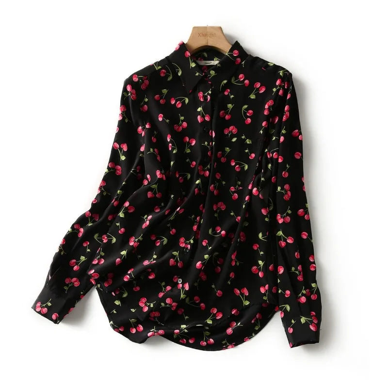 Women Autumn Korean Fashion Cherry Printed Chic Shirts Office Lady Elegant Commute Chiffon Blouses Casual Long Sleeve Loose Tops