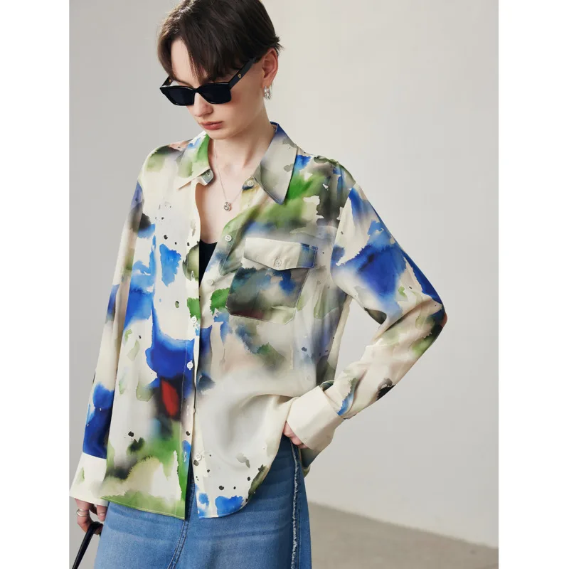 

Abstract Print 100% Mulberry Silk Shirts Women Spring Summer Long Sleeve Loose Casual Silk Tops