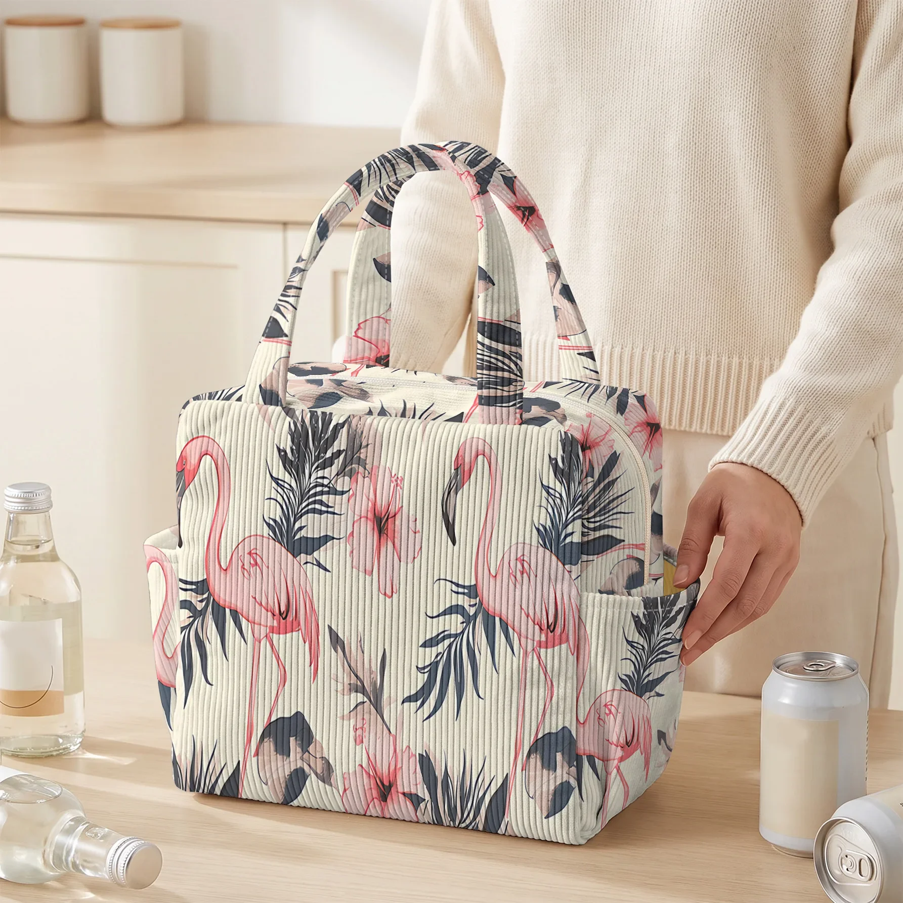 Flamingo Tropical Leaf Print Insulated Lunch Bag, Waterproof Cooler Tote, Keep Food Warm & Cold, For Work School Picnic