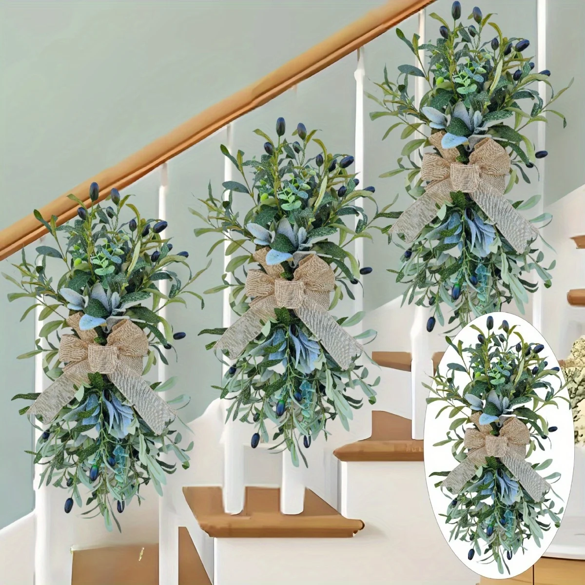 

23.6 Inch Faux Olive Wreath for Front Door, Spring Green Leaves Wreaths, Artificial Olive Leaf Swag Garland, Perfect for