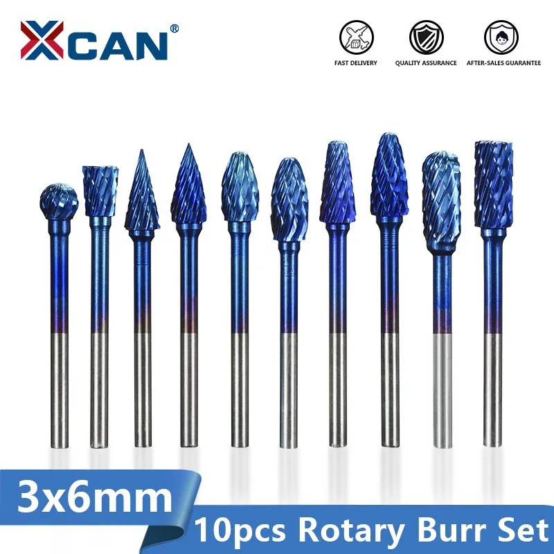 XCAN 1Box 3mm Shank Tungsten Carbide Rotary Burrs 6mm Diameter Double Cut Rotary File Router RASPS 